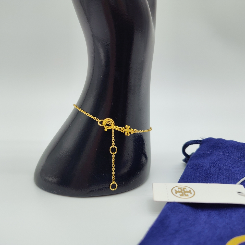 TORY BURCH Gold Pavé Miller Logo Adjustable Bracelet NWT Crystal With Dust Bag - Picture 4 of 6